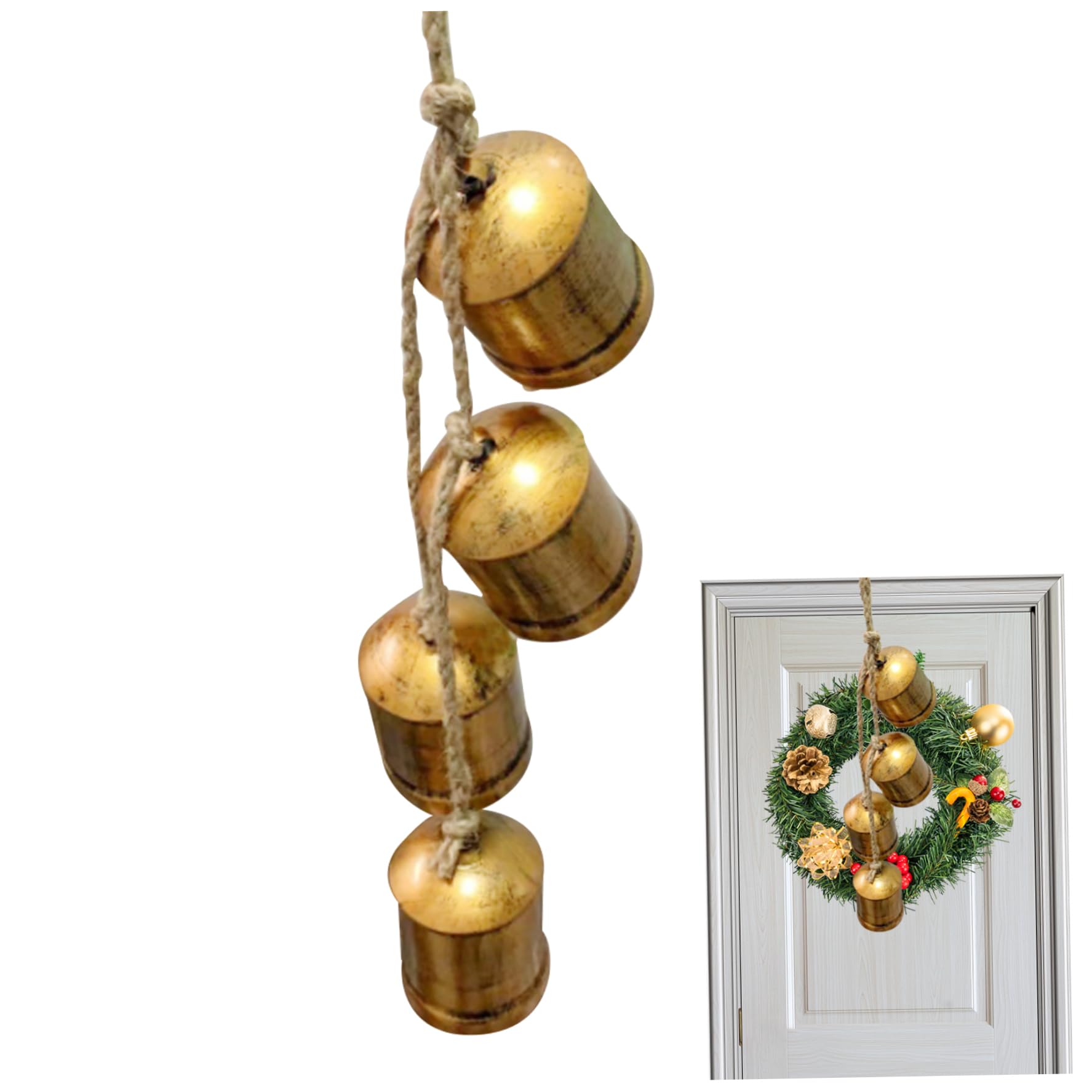 Esiifuu Gold Cow Bell 26In Long Rustic Vintage Wall Hanging Bell Lucky 4 Bells Portable Christmas Bells For Decoration For Door Hanger Xmas Wreath Hanging