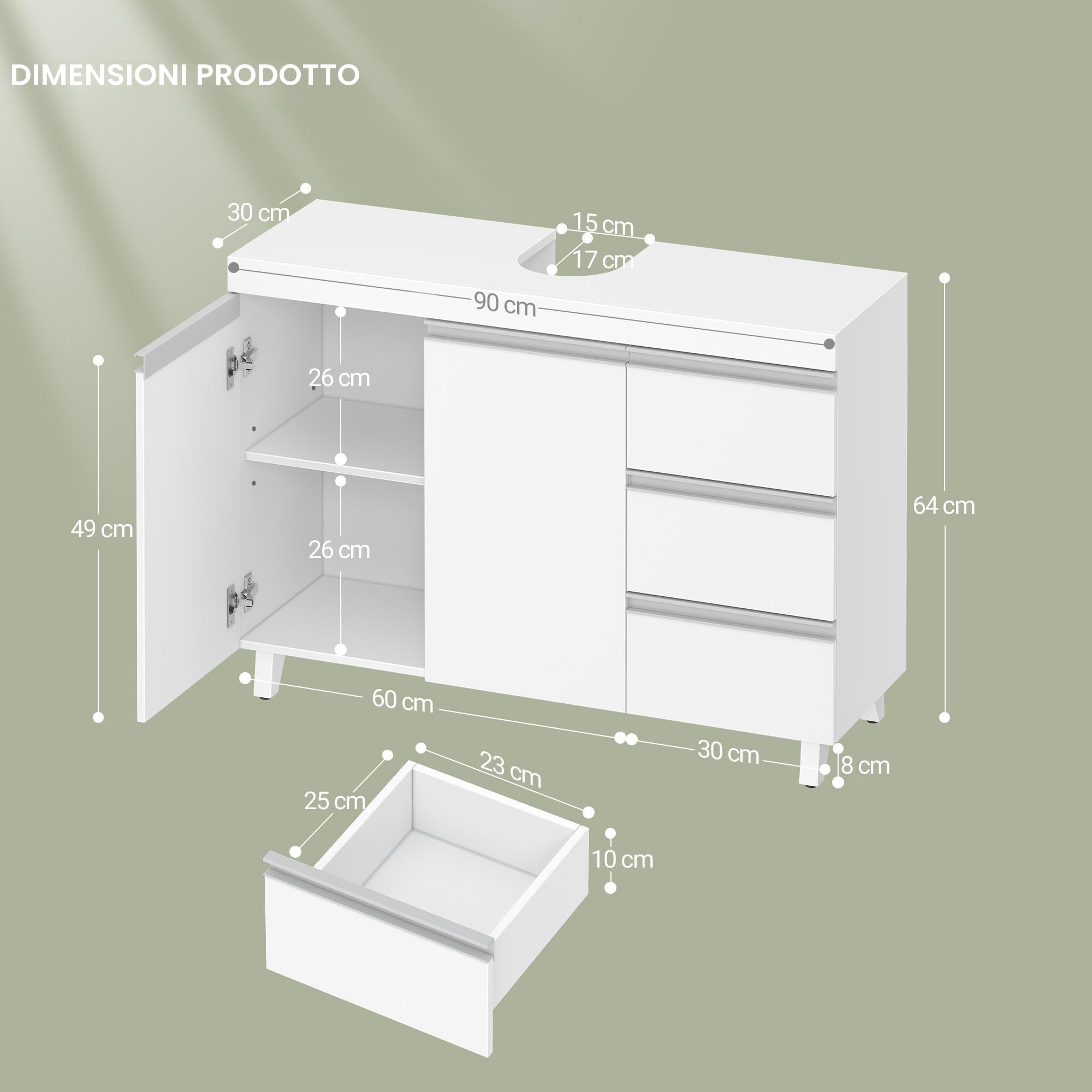 Hzuaneri Mobile Sottolavabo per Bagno, Mobiletto da Bagno, 3 Cassetti, 2 Ante, con Piedini, indipendente, moderno, 30 x 90 x 64 cm, Bianco BC29903X