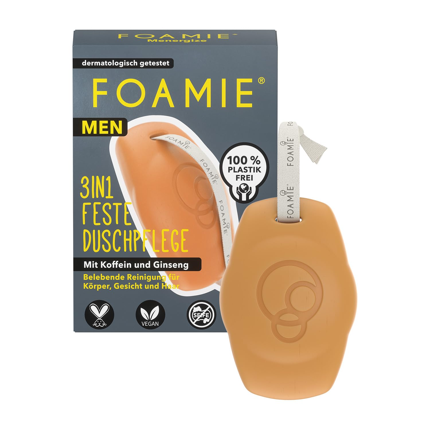 Foamie 3in1 Feste Dusche Männer, Körper, Gesicht, Shampoo, Koffein & Ginseng, 0% Plastik, 100% Performance, pH-neutral, seifenfrei, 90g Mehrpower Energy-Kick
