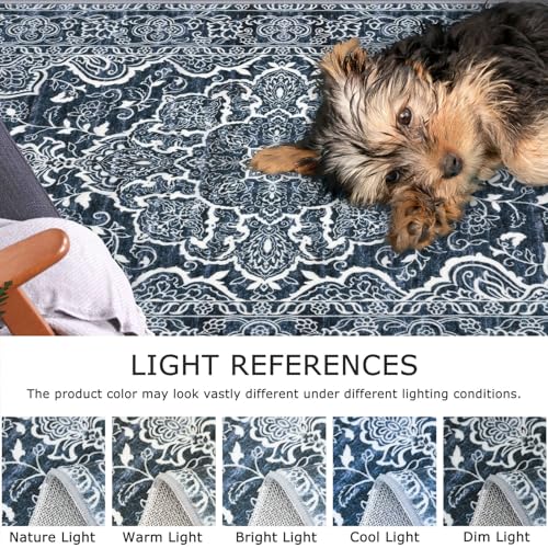 KUTA Vintage Floral Washable Runner Rug, 2x8 Navy Blue Runners for Hallways Non-Slip Kitchen Rugs Ultra Soft Printed Distressed Tribal Floor Carpet for Bedroom Living Room Nursery