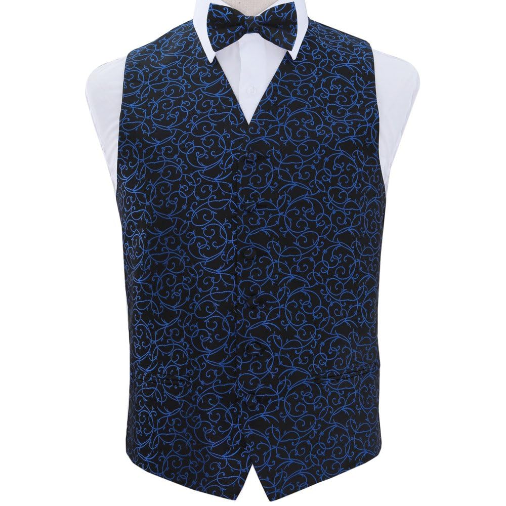 Dqt Men's Royal Blue & Black Swirl Floral Jacquard Waistcoat, Bow Tie, Pocket Square & Cufflinks Set (4Pc) - Pre-Tied Wedding, Business & Formal - 42" (Xl)