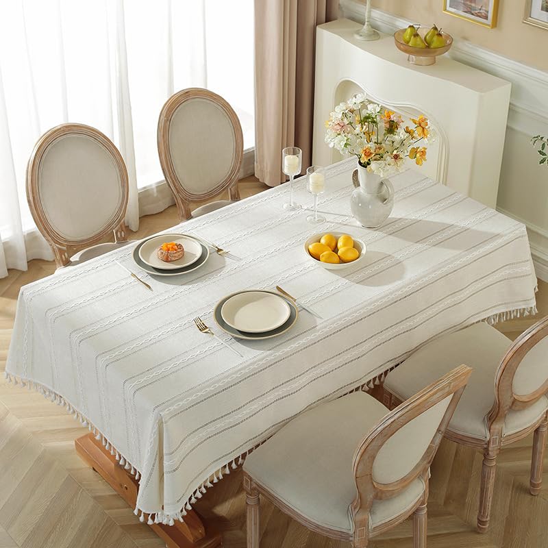Pahajim Tischdecke Rechteckige Tischdecken Baumwolle Leinen Quaste Tischtuch abwaschbar für Speisetisch Picknick-Party Tischdekoration(Streifen - weiß, 140 x 180 cm)
