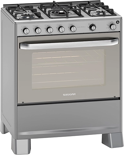 SUGGAR FOGÃO SELECT GRILL PRATA MESA DE INOX 5 BOCAS TREMPES DUPLAS FERRO FUNDIDO PORTA ESPELHADA ACENDIMENTO AUTOMÁTICO 220V FGISLG522PRIX