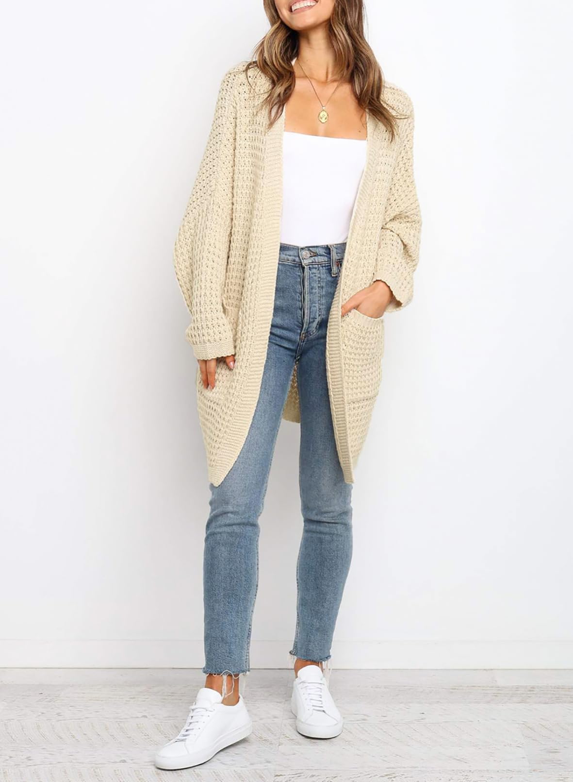 Uusollecy Cardigan Mujer Larga Chaqueta Punto Grueso Monocolor para Otoño e Invierno Abrigo Informal con Bolsillo