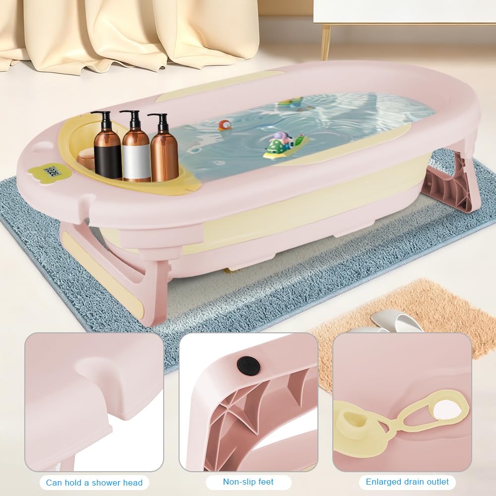 OHMG Vasca da bagno pieghevole per neonati con termometro digitale, Bebe Vasca da bagno e cuscino, la vasca da bagno per bambini adatta ai neonati, per regali di nascita dei tutti, 0-36 mesi