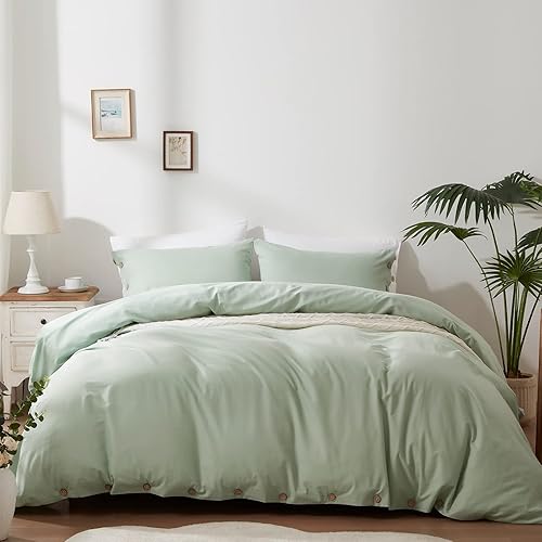 SunStyle Home - Juego de funda de edredón de 100 % algodón lavado, de color sólido, suave juego de 23 piezas de ropa de cama transpirable, con