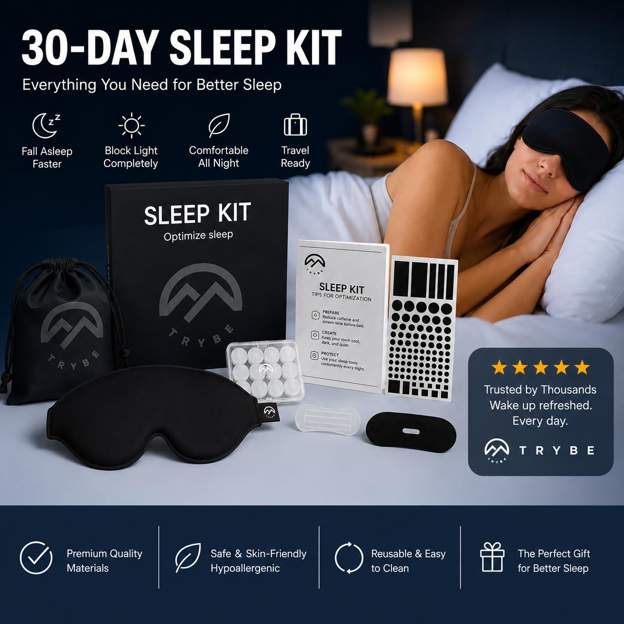 Trybe Kit de sueño, antifaz para dormir, tapones para los oídos, tiras nasales y cubiertas de luz para viajar. Bolsa para dormir y guía de respiración y sueño para viajes, hoteles, camping u hogar