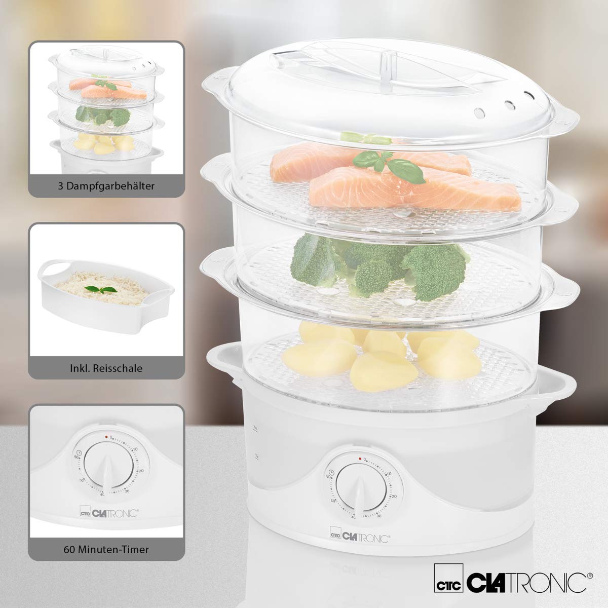 Clatronic DG 3665 Dampfgarer 1,5 Liter 60 Minuten-Timer Weiß