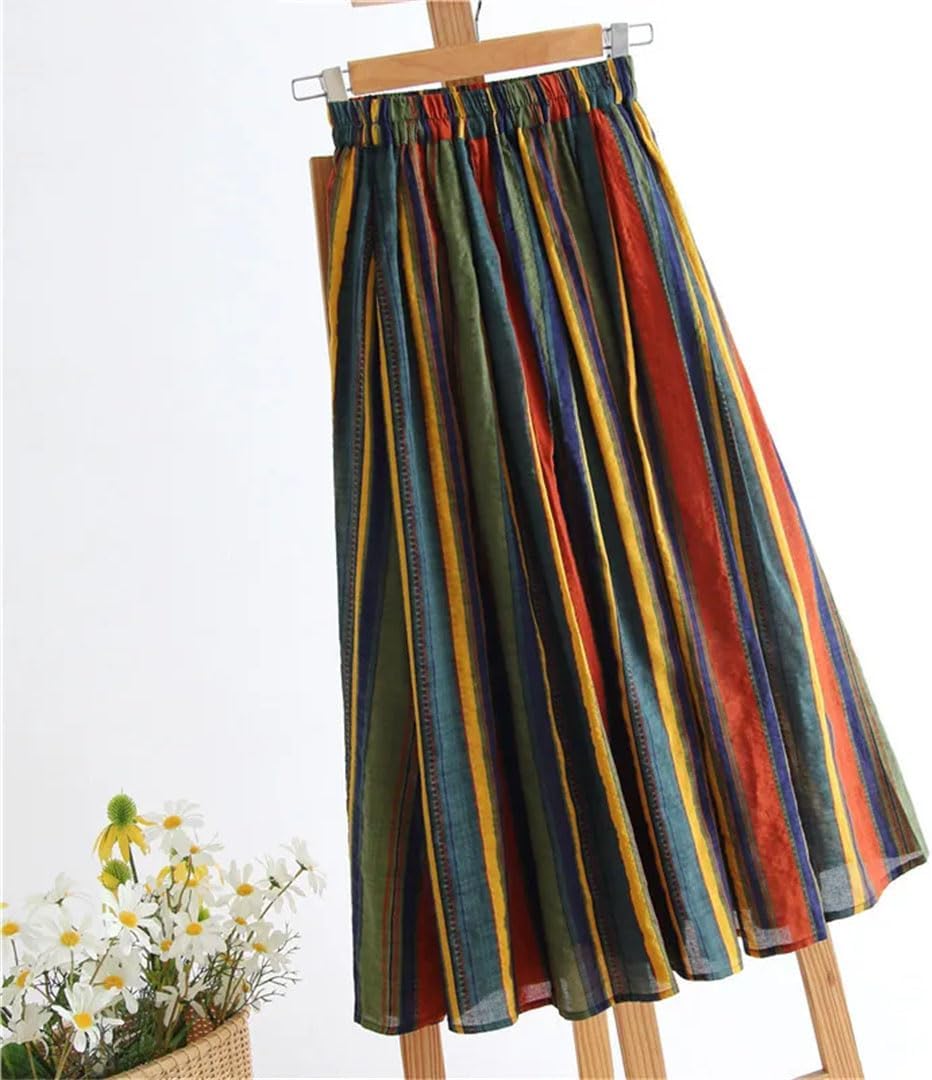 Women Midi Skirt High Waist Colorful Striped Longo Elegant Vintage Cotton Linen Skirts