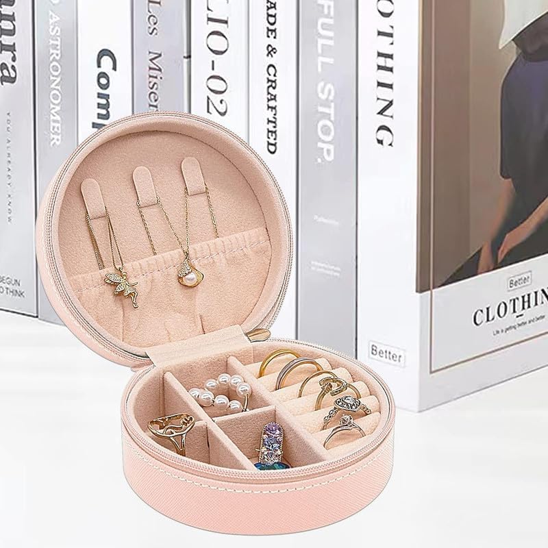 Image of Travel Jewelry Box Mini Portable Organizer Travel Case with Zipper Faux PU Leather Small Storage Boxes for Rings Earrings Necklaces Bracelets for Women Girls (Round-Pink)
