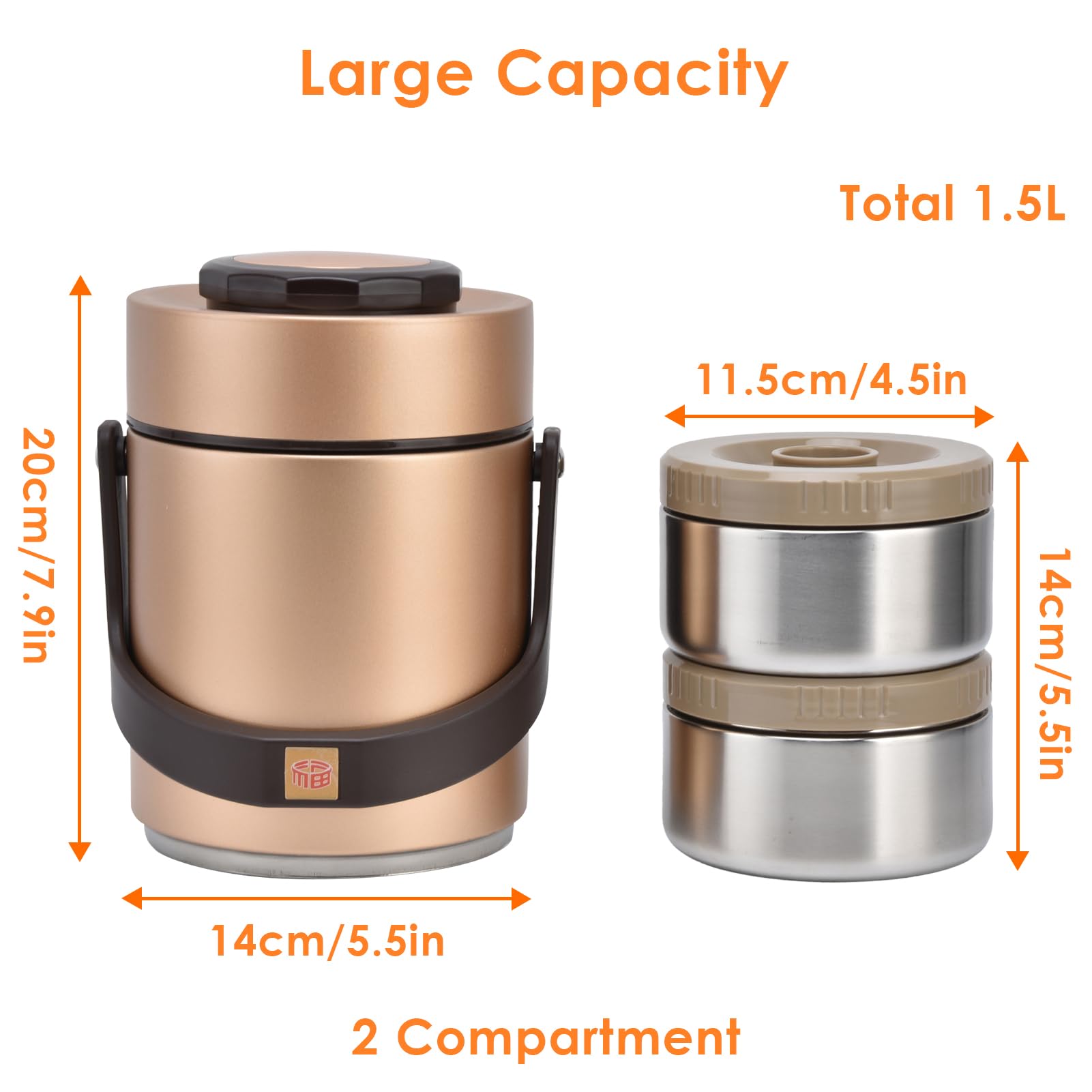 Jenngaoo Fiambrera Térmica al Vacío 2300ml Acero Inoxidable 2 Niveles, Contenedor Aislado Portátil para Almuerzo Frío/Caliente Adultos, Viajes, Picnic