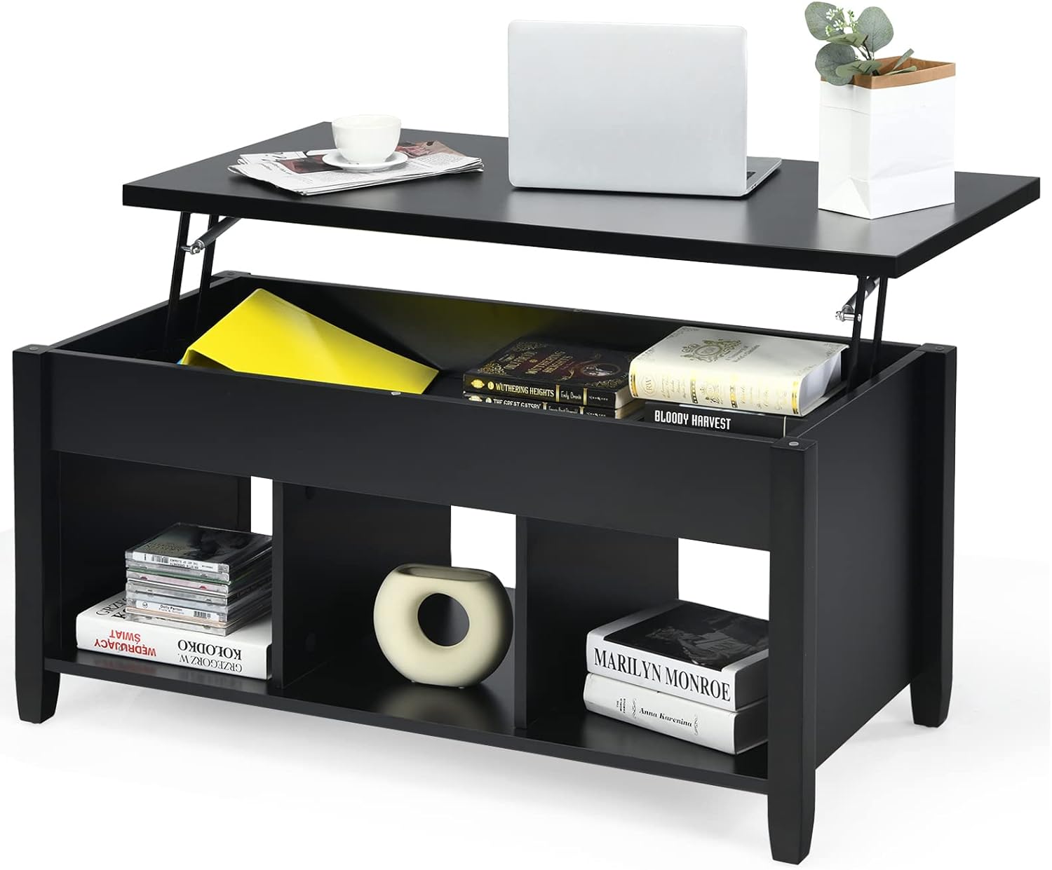 Tangkula Wood Lift Top Coffee Table, Modern Coffee Table w/Hidden Compartment and Open Storage Shelf for Living Room Office Reception Room (Black)