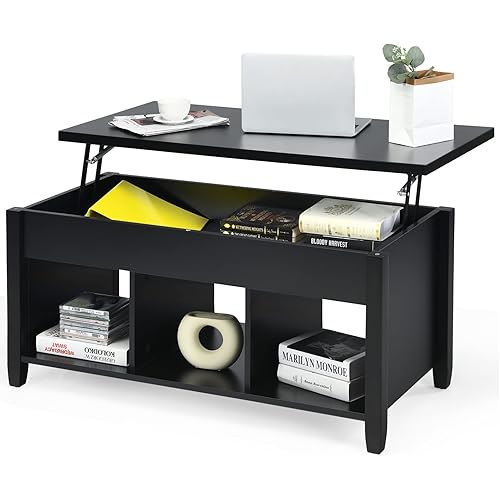 Tangkula Wood Lift Top Coffee Table, Modern Coffee Table w/Hidden Compartment and Open Storage Shelf for Living Room Office Reception Room, Lift Coffee Table (Black)