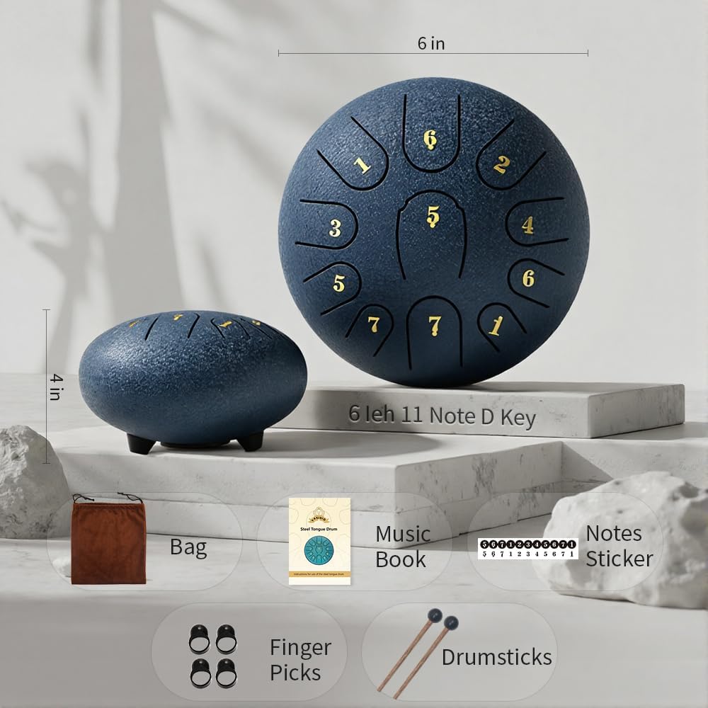 Steel Tongue Drum, 6 Inch 11-Note D Tone, Rain Drum for Meditation, Yoga & Mindfulness, Ideal Gift for Music Lovers(Navy Blue, 6 Inch 11 Note)