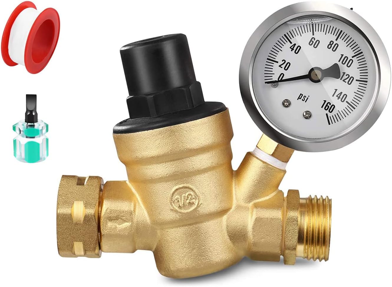 [Upgrade w/Anti Vibration Oil Filled Gauge, Teflon Tape & Screw Driver Included] RV Water Pressure Regulator Valve, Lead-Free Adjustable Water Pressure Reducer for RV Camper Travel Trailer (Brass)