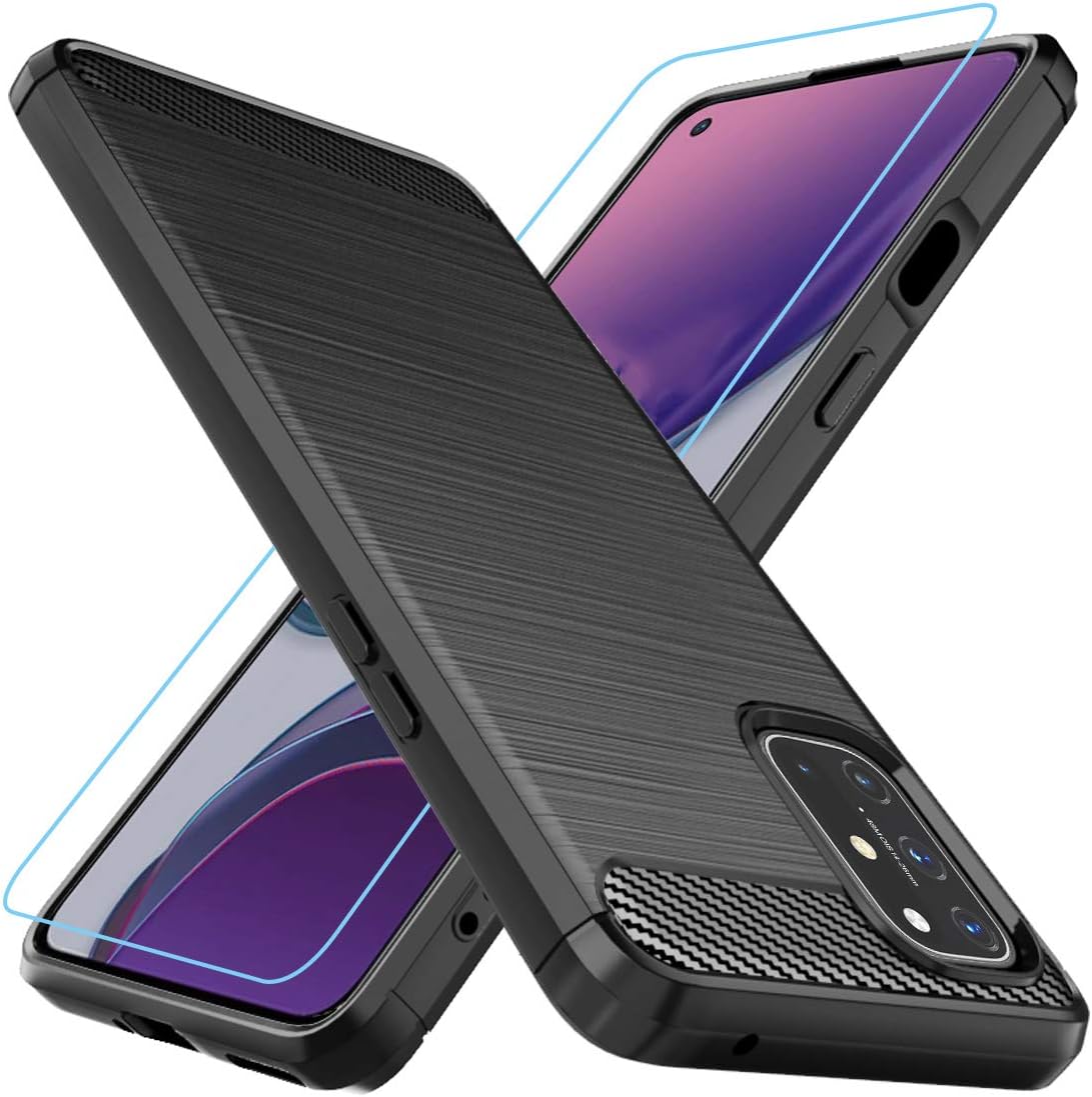 Cellular Phone Case for Oneplus 8T 5G, Shock-Absorption TPU Rubber Protective Cover with Screen Protector, Black