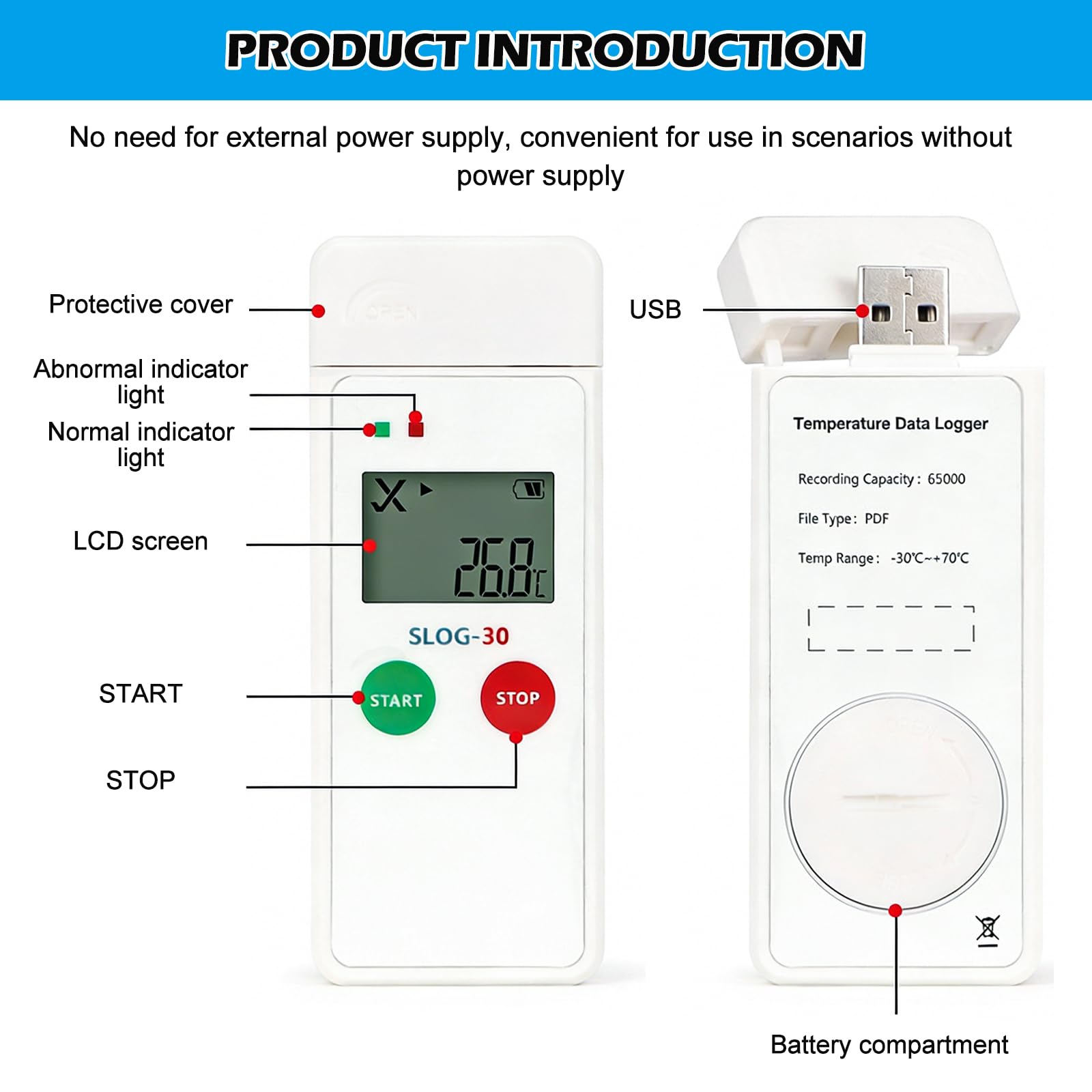 Registratore dati di temperatura, registratore dati USB per temperatura e umidità, registratore di temperatura riutilizzabile, 65000 punti, registratore di temperatura ad alta precisione con LCD PDF