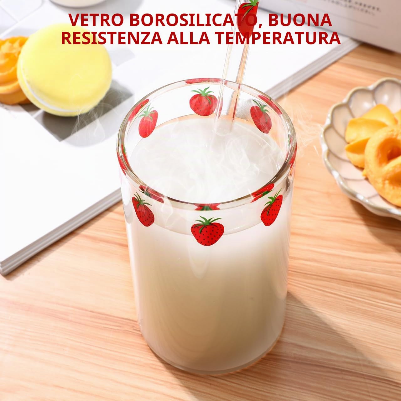 Set Di 2 Bicchieri Di Trasparente Con Motivi Di Fragola E Cannucce 300Ml Ideale Per Bevande a Casa E Ufficio