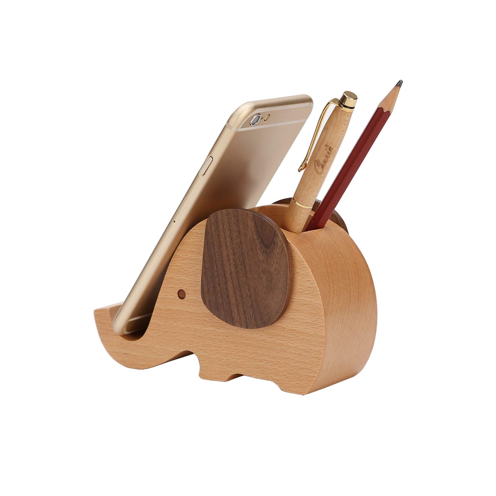 Porte Stylo Bureau Organisateur de fournitures de bureau de support de stylo d'éléphant en bois, accessoires de bureau multifonctionnels de porte-crayon mignon avec le support de téléphone portable Po