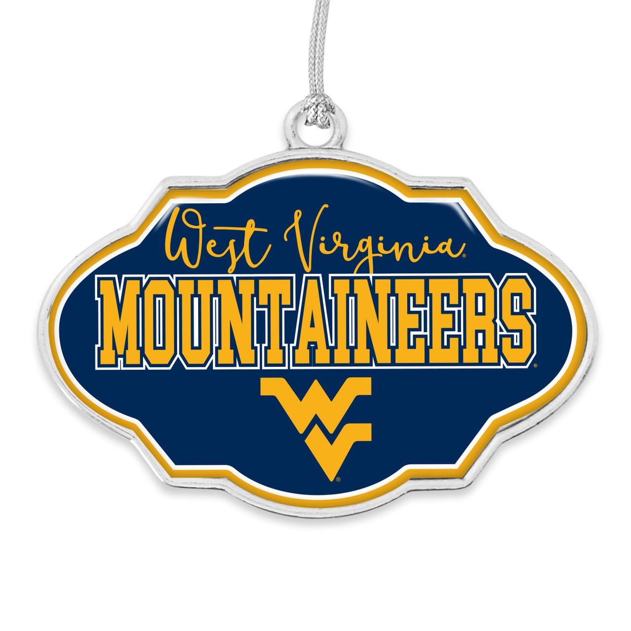 West Virginia Mountaineers Frame Design Christmas Ornament with Team Logo Silver Metal Gift Tree Decoration WVU