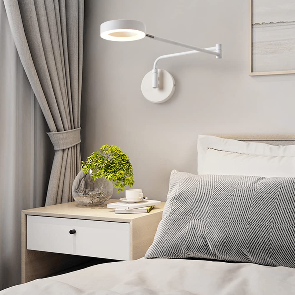Moderne LED Wandleuchte Innen 8W Dimmbare Klappbare Teleskop Langer Arm Wandlampe 360° Schwenkbar Wipp Wandstrahler Schlafzimmer Nachttisch lesen lampe Wandbeleuchtung,Weiß
