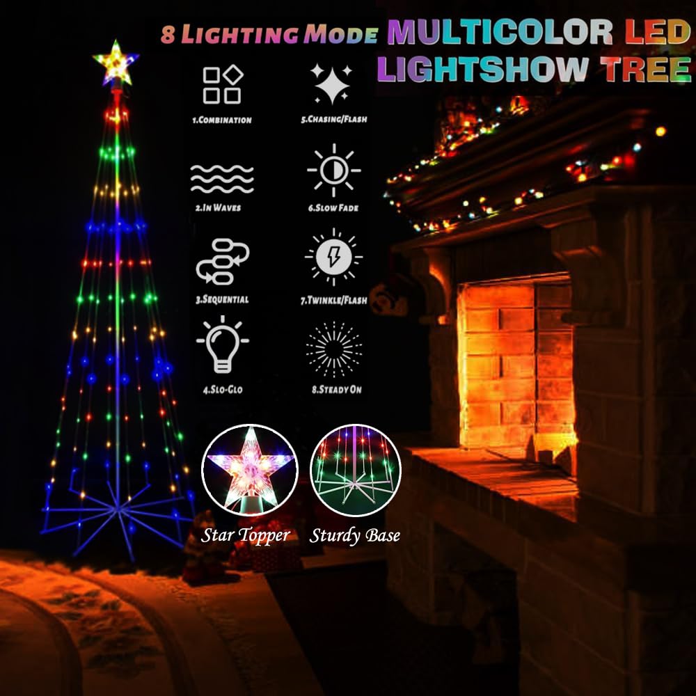 Lumière de sapin de Noël de 1,8 m avec étoiles - Éclairage LED - 8 modes d'éclairage - Étanche à intensité variable - Pour l'intérieur et l'extérieur - Décoration de Noël (180 cm)