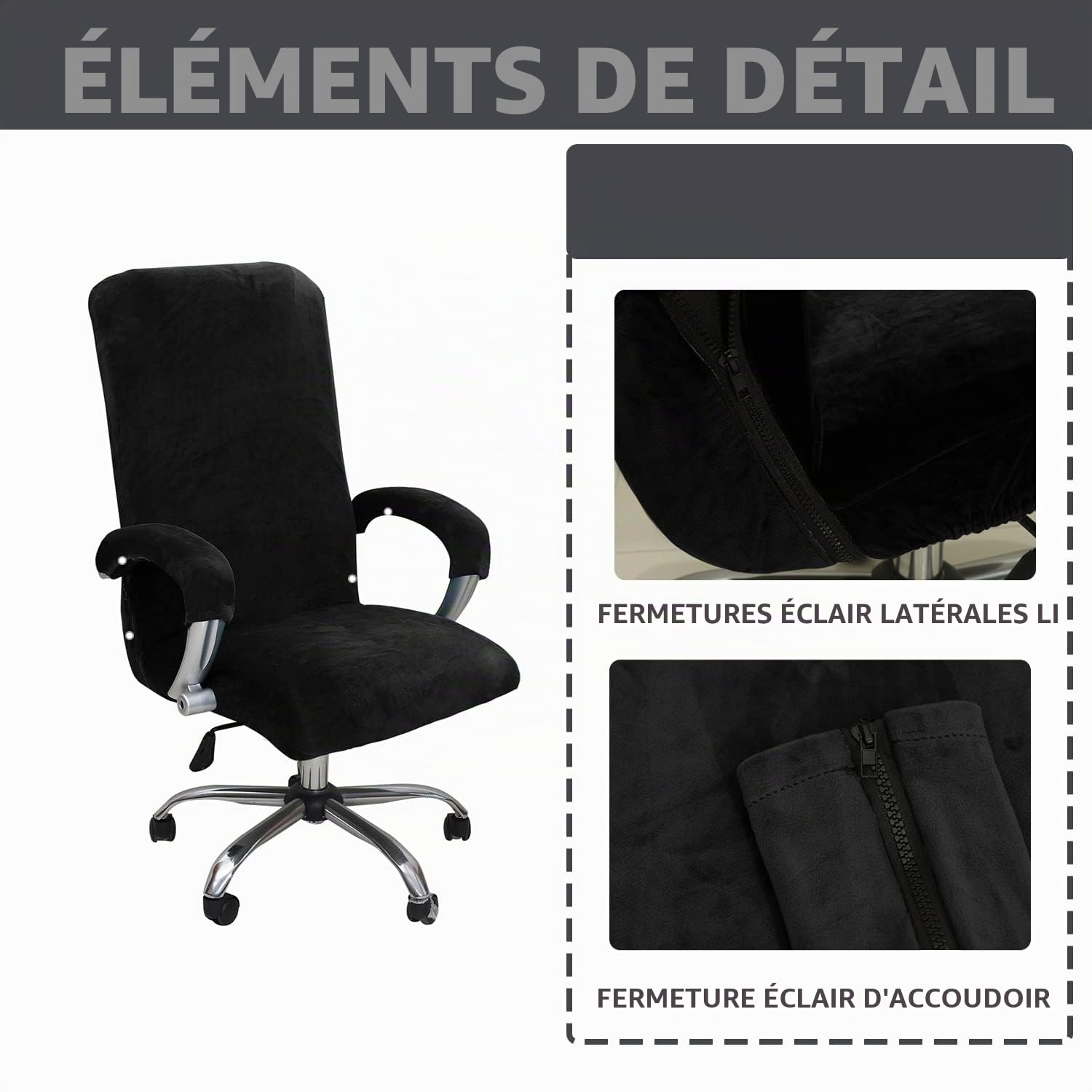Housse de Chaise de Bureau avec Accoudoir Peluche Velours Couleur Unie,Housse pour Chaise Tissu élastique Amovible et Résistante pour Fauteuil de Bureau Rotatif Chaise,Noir - XL