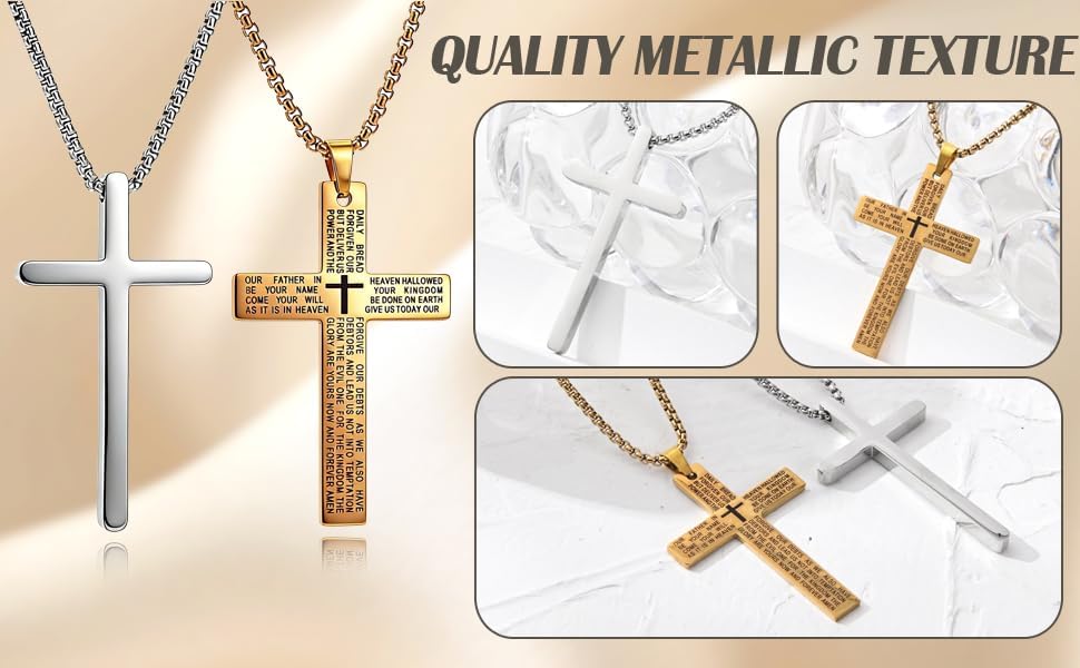 Two pces Cross Pendant Necklace with Lord's Prayer, Gold and Silver Tone, Religious Christian Jewelry, Packaged in a gift box - Image 3