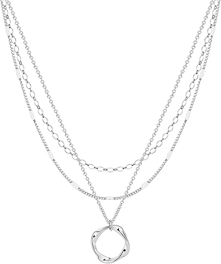 Sterling Silver Layered Necklace Set Stackable Circle Pendant Chokers for Women