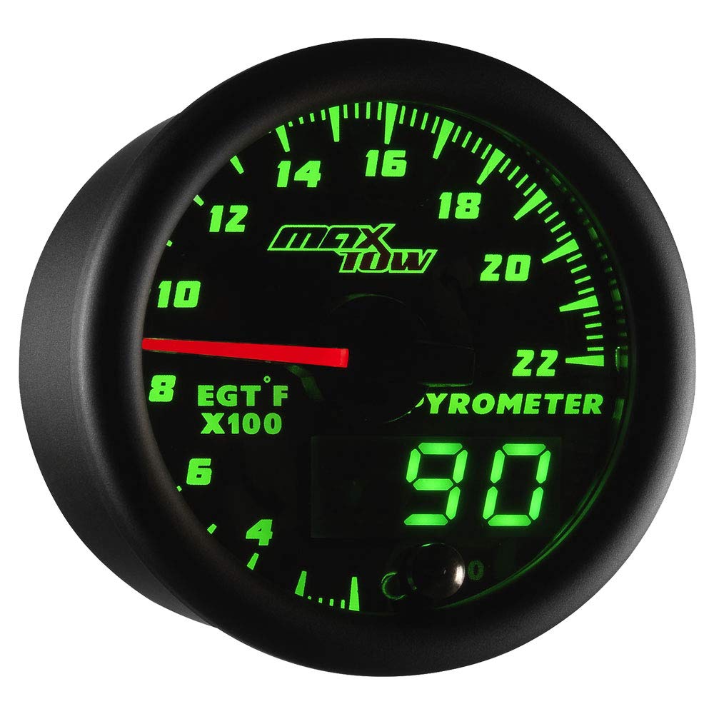 MaxTow Double Vision 2200 F Pyrometer Exhaust Gas Temperature EGT Gauge Kit - Includes Type K Probe - Black Gauge Face - Green LED Dial - Analog & Digital Readouts - for Gas Trucks - 2-1/16" 52mm
