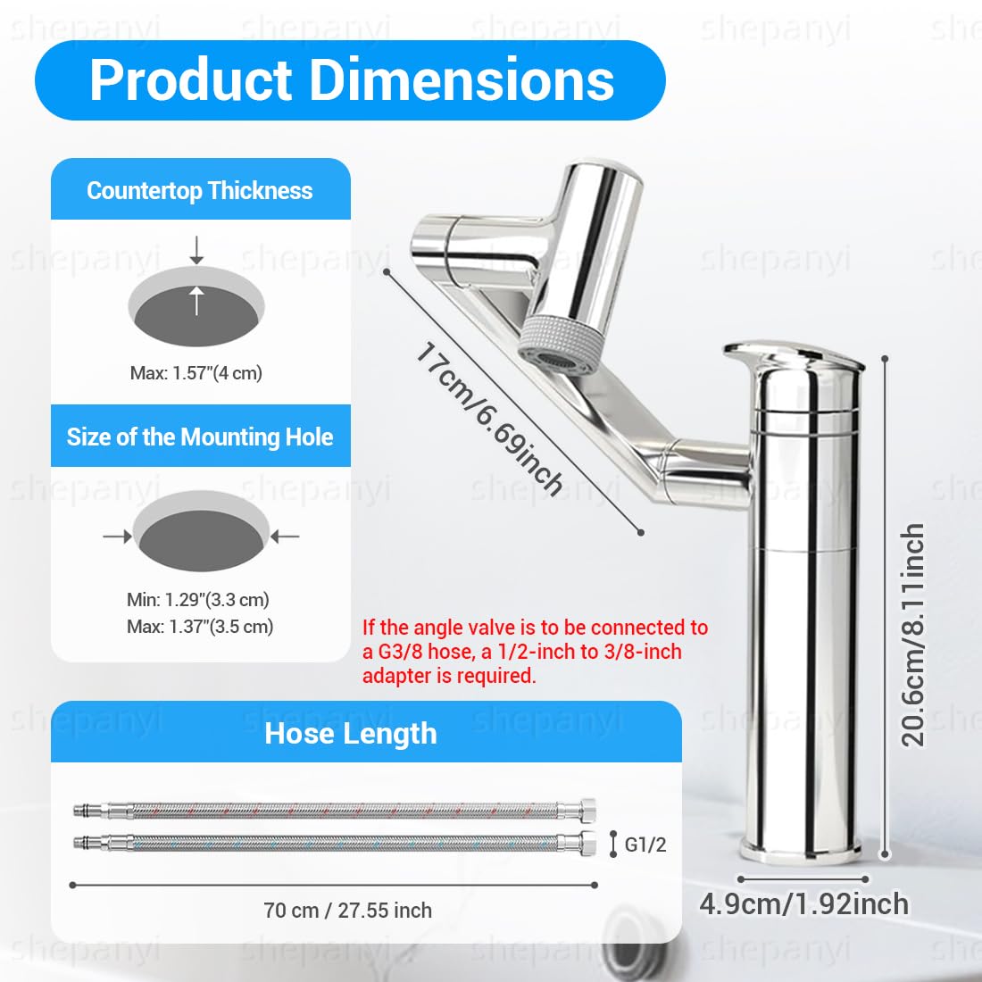 Grifo de Baño con Indicador de Temperatura (sin Pilas), Grifo de Lavabo Giratorio 1080°, Grifos de Altura Ajustable, De specificatie van de slang is G1/2