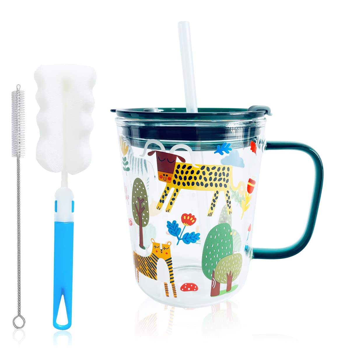 Clear Glass Tumbler Cup with Scale, Cute Leak-Proof Milk Cup with Silicone Straw and Lid Handle, 350ml/13oz Coffee Mug with Cleaning Brush for Breakfast Tea, Juice, Beverage, yoghurt
