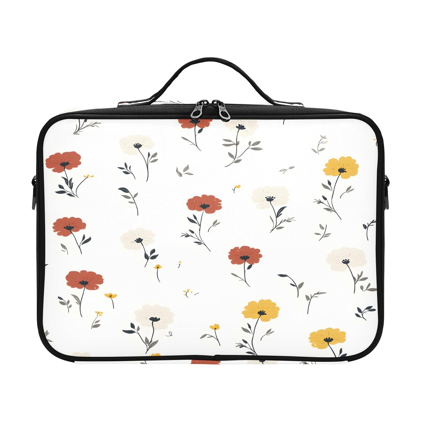zyrtty Travel Makeup Train Case Red Yellow Flower White Pattern Cosmetic Organizer Portable Storage Bag with Adjustable Dividers for Cosmetics Brushes Toiletry Jewelry Digital Accessories