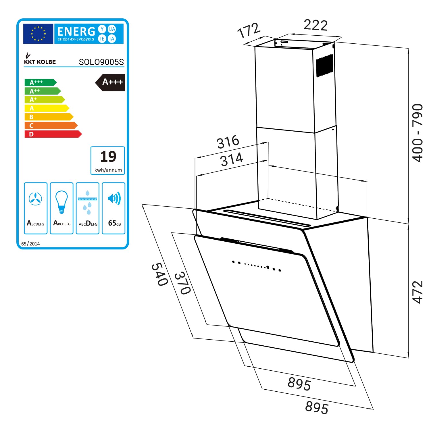 KKT KOLBE A+++ campana extractora, 90 cm, 782 m³/h, aire de circulación, aire de escape, sin cabeza, campana de pared, cubierta inclinada, negro, vidrio, retroceso automático, SensorTouch, luces LED