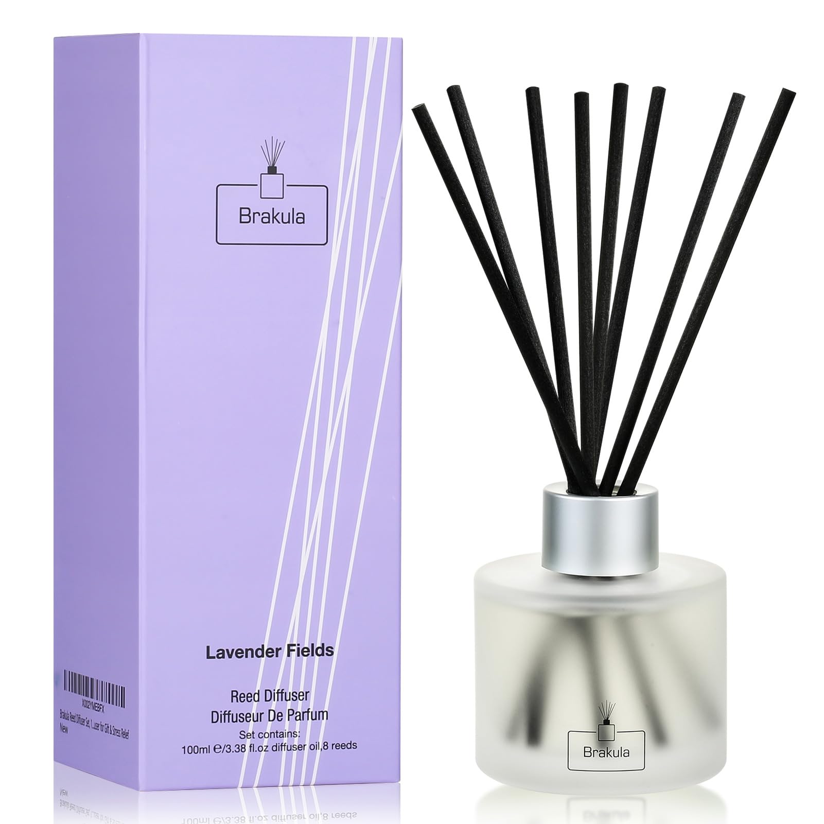 Brakula Reed Diffuser Set - Lavender Scented Essential Oil Includes 8 Sticks, Bathroom Bedroom Home Office Decor, 3.4 oz/100 ml