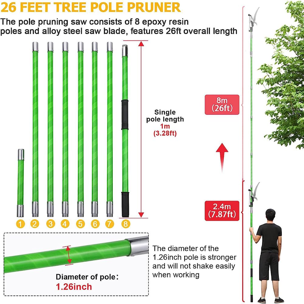 Pertiga Telescopica Podar,Sierra Podar,Pertiga Podar,Altura regulable de 8 m,1 sierra para 2 usos,con maletín de transporte y dos hojas de sierra para reparar fácil y cómodamente las ramas altas