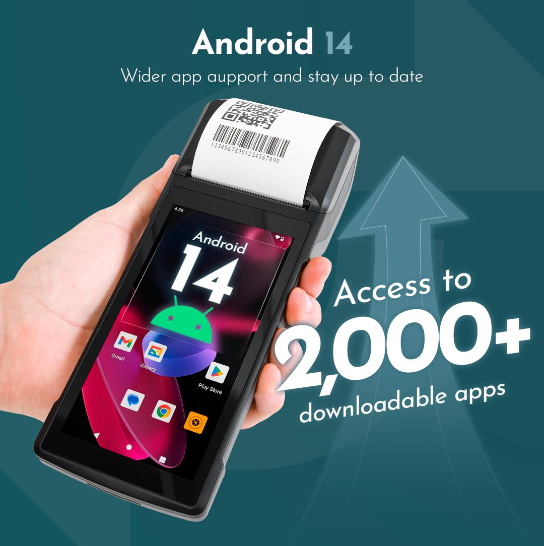 POS Android 14 Impresora de recibos Android 14 y 58 mm, impresora térmica de alta velocidad, pantalla táctil de 5.5 pies. Punto de venta portátil con escaneo de código de barras 1D/2D/QR y NFC