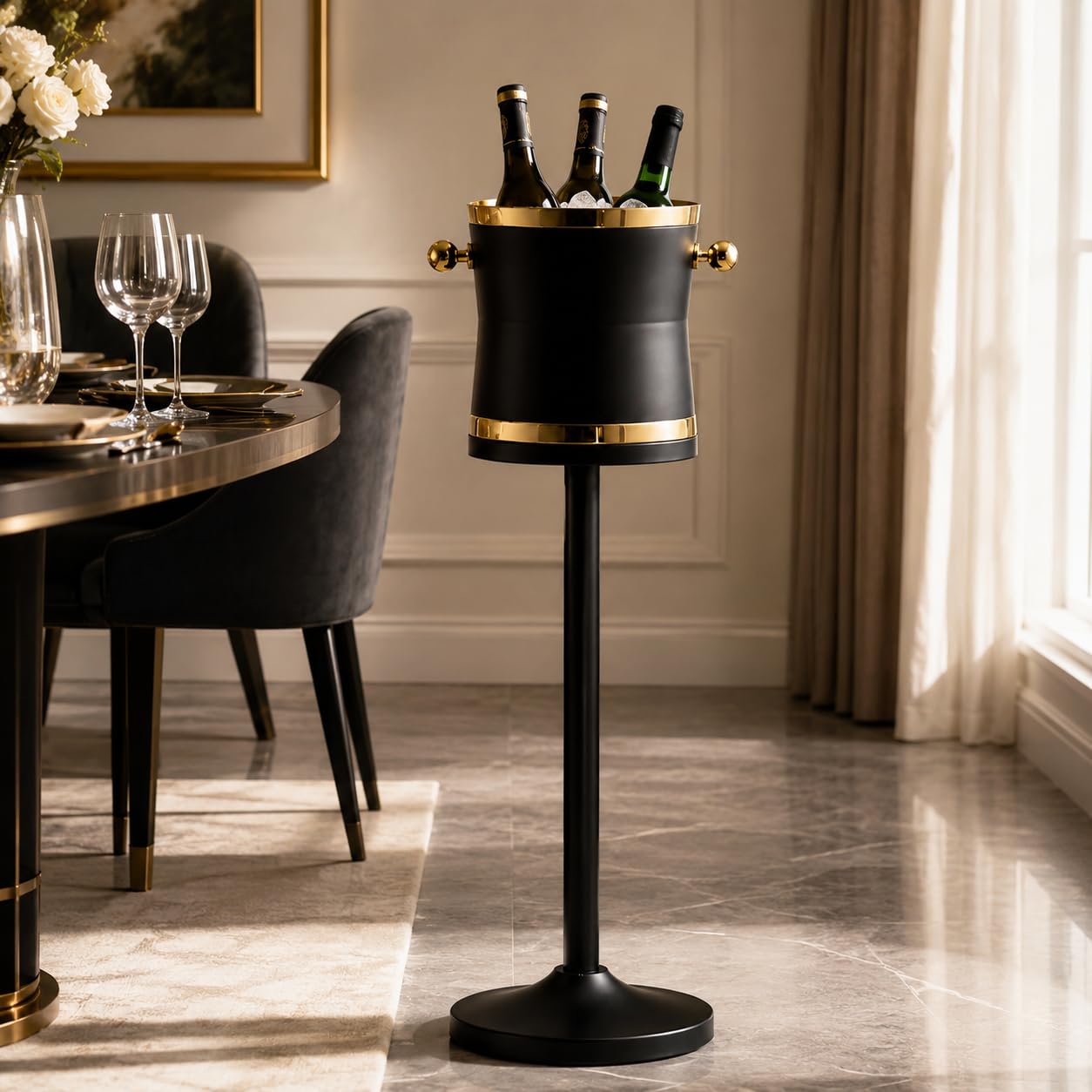 Enfriador de vino de acero inoxidable con soporte, cubo de hielo para eventos y entretenimiento en casa, soporte de 69 cm, cubo de 19,8 x 22 cm, diseño duradero y elegante