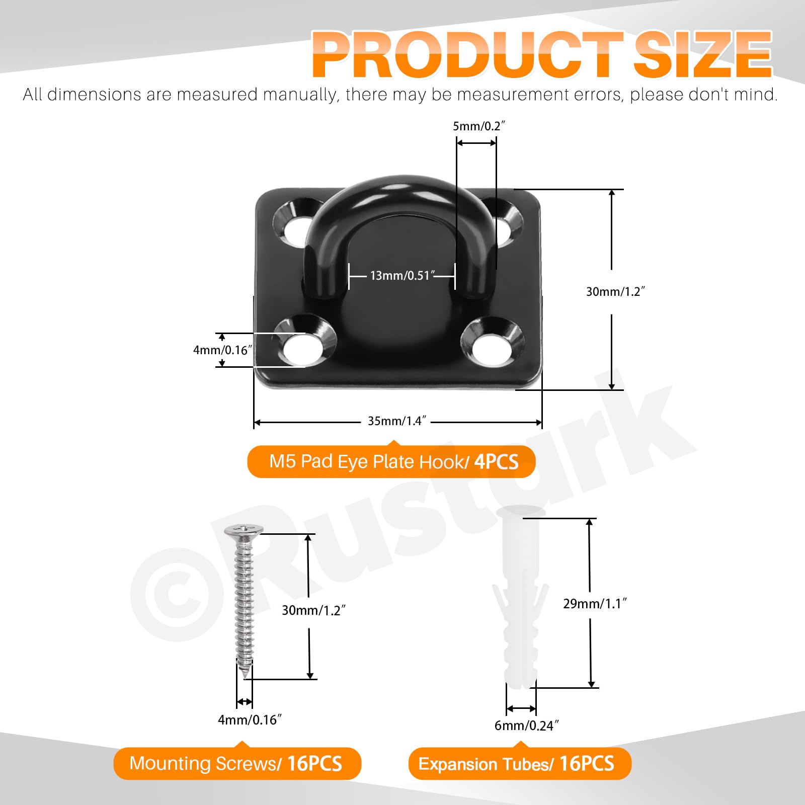 Rustark 4Pcs M5 304 Stainless Steel Square Pad Eye Plate Hook Assortment Kit Black Pad Eye Plate Marine Hardware Hook with Screw Heavy Duty Ceiling Hook for Swing Hanging Outdoor and Indoor Activity - Image 2