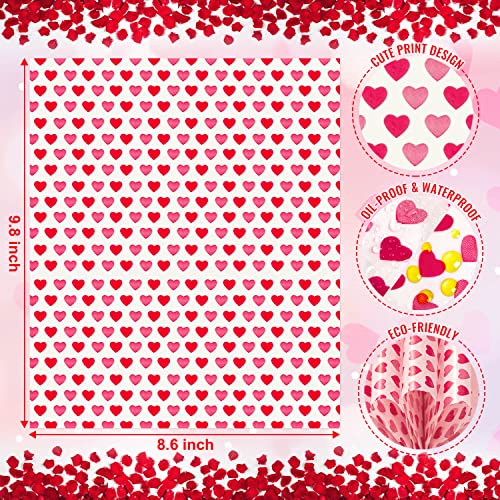 100 Pcs Valentine\'s Day Wax Paper for Food, Wax Paper Sheets Deli Paper Sandwich Wrap Candy Cookies Wraps, Waterproof Oil-proof Picnic Basket Liners with Heart Pattern for Kitchen Handmade Food