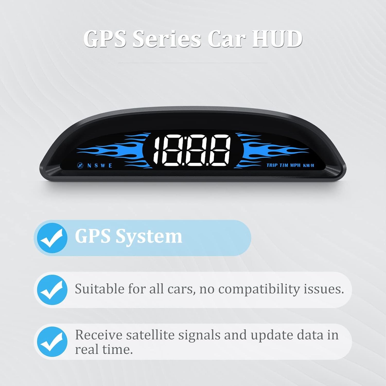 The AMROOLOO G2 HUD highlighting its GPS system, universal compatibility, and real-time data updates.