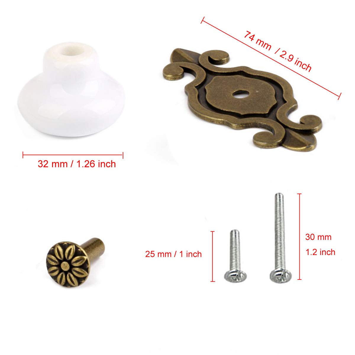 HUAMULAN Confezione da 10 pomelli in ceramica retrò, per credenze vintage da cucina, petalo, in lega di zinco rustica piastra posteriore per credenze, armadi, cassetti, maniglie per porte