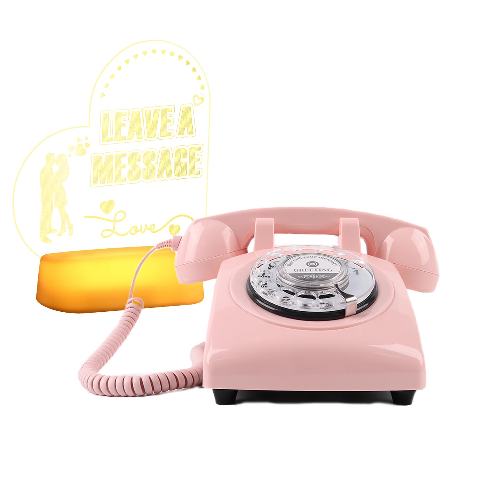 Libro de invitados de audio con letrero LED de boda, letrero LED acrílico 3D romántico para boda, teléfono giratorio para fiestas, cumpleaños, alquileres, confesiones, ocasiones especiales (rosa)