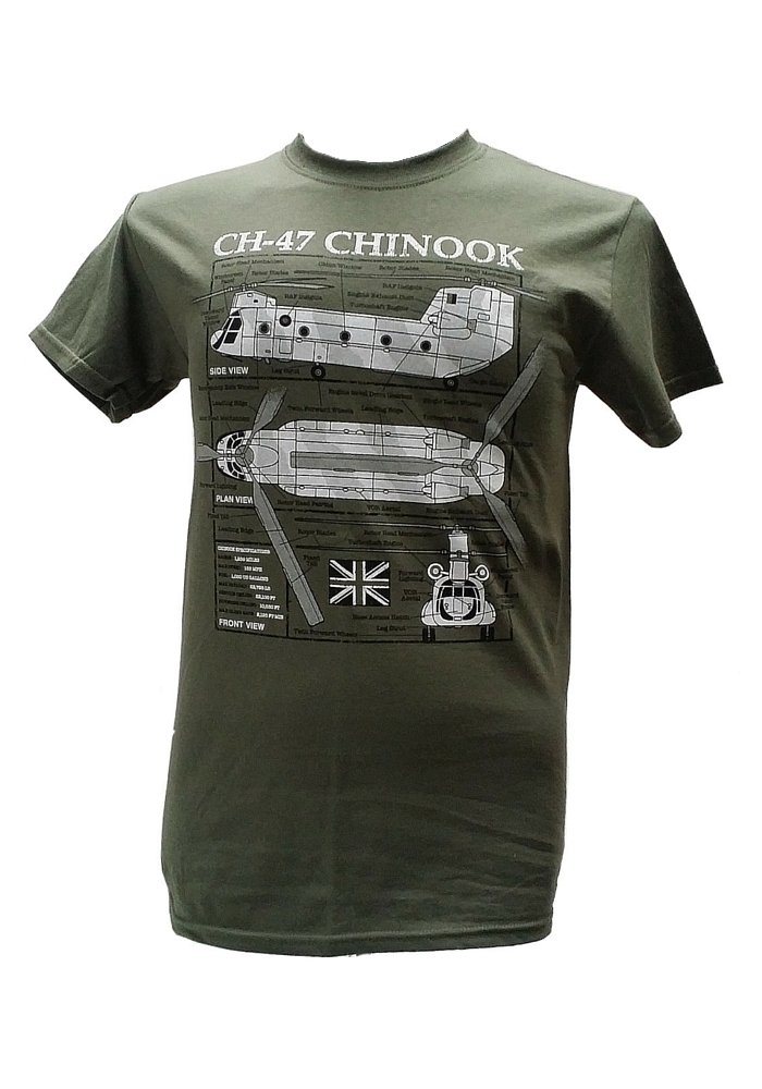 The Wooden Model Company Ltd Chinook CH-47 Helicopter - British Army/Military T Shirt with Blueprint Design (Large) Olive Green
