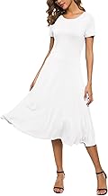 EXCHIC Damen Casual Rundhals A-Linie Kurzarm Midi Kleid Sommer Stretchy Knie Langes Freizeitkleider