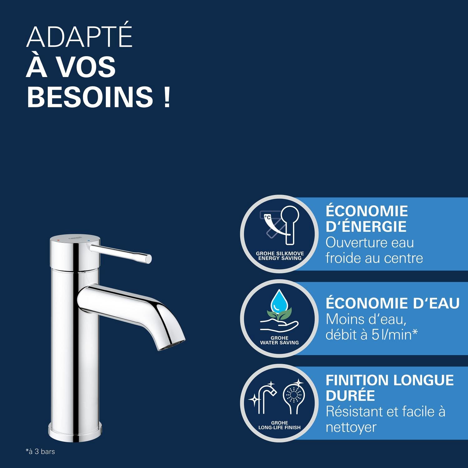 GROHE Essence Robinet lavabo de salle de bains, Taille M, Mitigeur monocommande (Sans tirette de vidage, Vidage clic clac inclus, installation rapide), chromé, 23797001 (Import Allemagne)