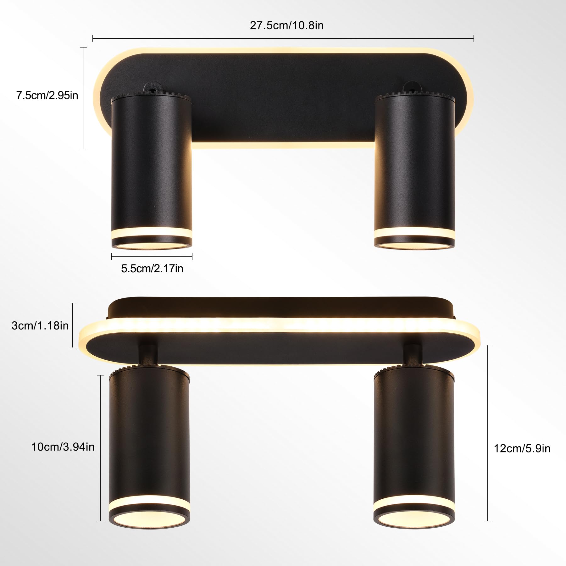 Spot Plafond GU10, Plafonnier 2 Spots Noir, Plafonnier Spot Orientable, comprend 2x 5W Ampoules GU10, Moderne Applique Plafond Interieur LED pour Cuisine, Salon, Blanc Chaud 3000K