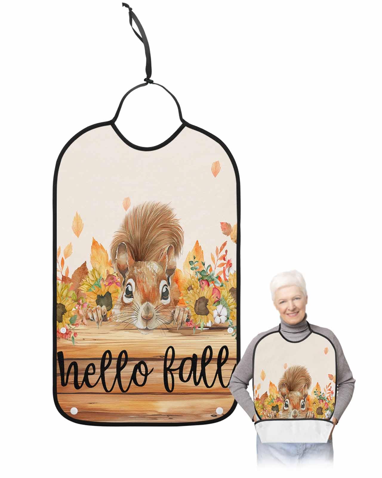 LEOKOTI Hello Fall Squirrel Adult Bibs for Eating, Waterproof Bibs with Food Catcher & Adjustable Snap Closure, Pink Pumpkins Thanksgiving Washable Clothing Protectors Adult Bibs for Elderly Women/Men