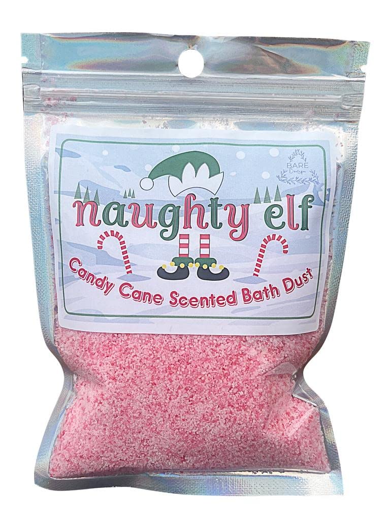 Bare Boutique Naughty Elf 80g Bath Bomb Dust. Candy Cane Scented Fizzy Bath dust. Vegan, no SLS, no Mess. Children's Stocking Filler, Christmas Eve Box Addition, Advent Calendar Filler.