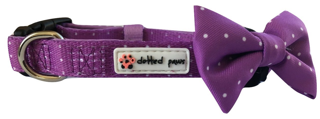 Dog Collar Bow Tie Padded Cute Polka Dots Comfortable Neoprene Fabric for Ruffed Adventures (S, Lavender)